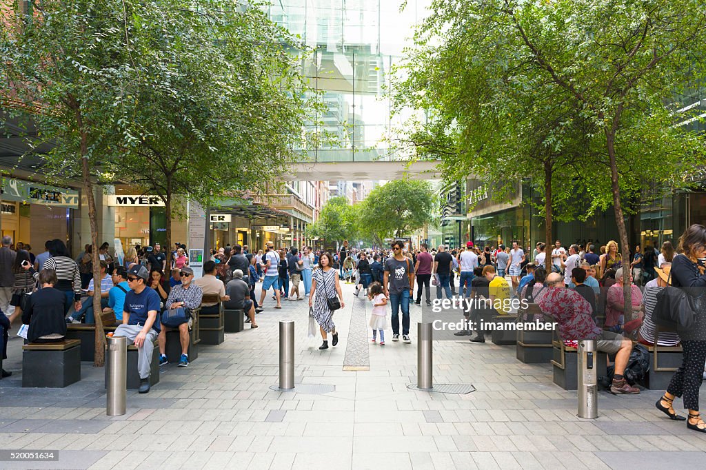 Crowd of people, tourists and sightseers on Pitt Street Mall