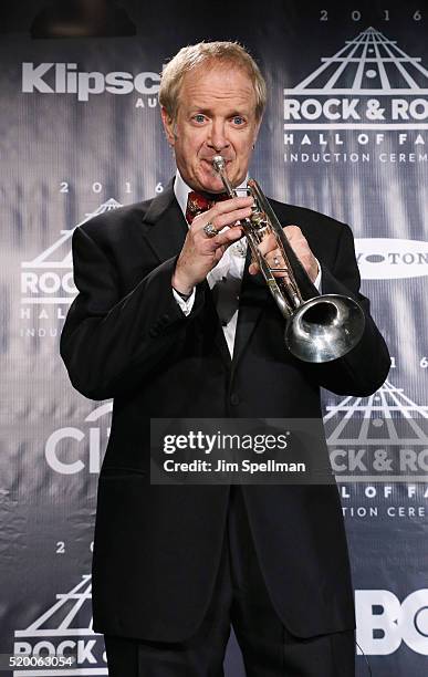 Inductee Lee Loughnane of Chicago poses in the press room at the 31st Annual Rock And Roll Hall Of Fame Induction Ceremony at Barclays Center of...