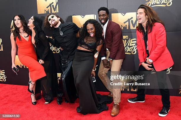 Personalities Sabrina Kennedy, Kailah Casillas, Chris Hall, CeeJai' Jenkins, Dean Bart-Plange and Dione Mariani attend the 2016 MTV Movie Awards at...
