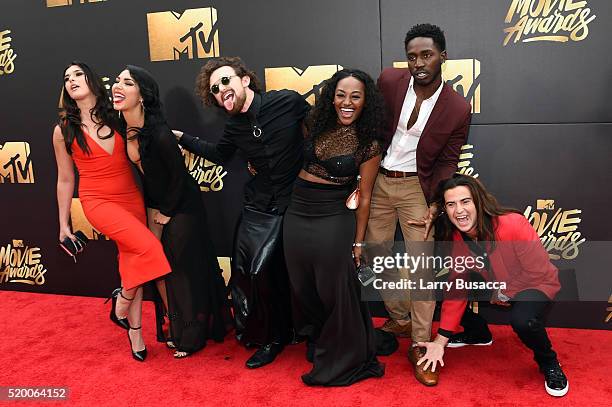 Personalities Sabrina Kennedy, Kailah Casillas, Chris Hall, CeeJai' Jenkins, Dean Bart-Plange and Dione Mariani attend the 2016 MTV Movie Awards at...