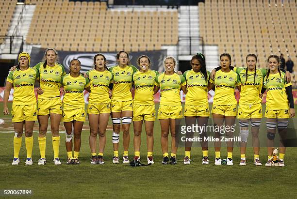 Members of Australia sing the national anthem prior to the final match against New Zealand at Fifth Third Bank Stadium on April 9, 2016 in Kennesaw,...