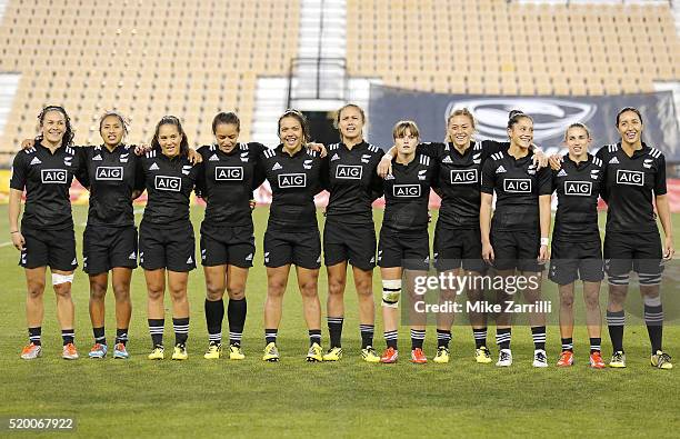 Members of New Zealand sing the national anthem prior to the final match against Australia at Fifth Third Bank Stadium on April 9, 2016 in Kennesaw,...