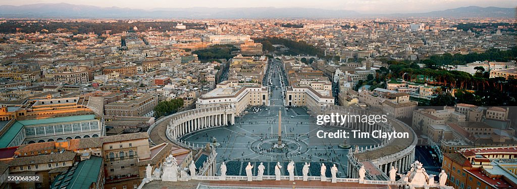 A Panoramic view of St. Peter's Square from the top of St. Peter's Basilica, Vatican City, Rome, Ital