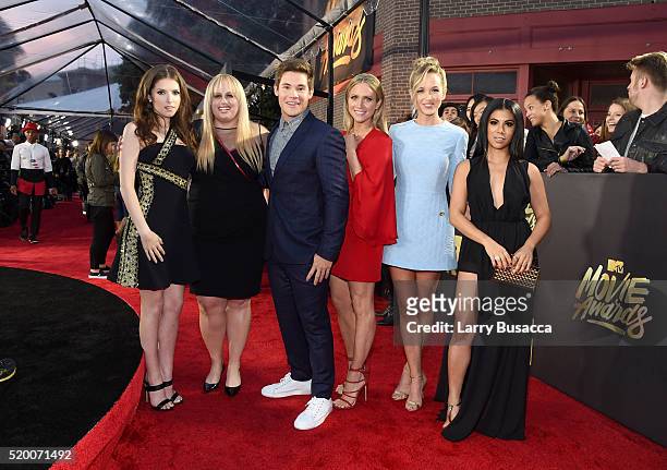 Actors Anna Kendrick, Rebel Wilson, Adam DeVine, Brittany Snow, Kelley Jakle and Chrissie Fit attend the 2016 MTV Movie Awards at Warner Bros....