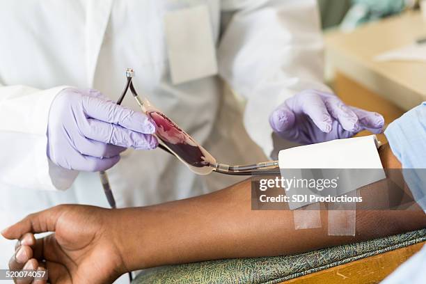 infermiera controllando sacchetto di sangue mentre il paziente fornisce una donazione - blood bag foto e immagini stock