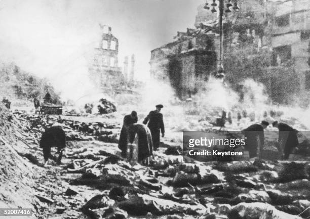 Bodies in the street after the allied fire bombing of Dresden, Germany, February 1945.