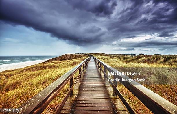herbst auf der insel sylt-hölzerne weg unter dramatischer himmel - deutsche nordseeregion stock-fotos und bilder