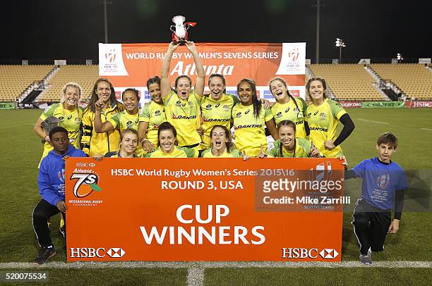Members of Australia pose for a team picture after winning the Finals match against New Zealand at Fifth Third Bank Stadium on April 9, 2016 in...