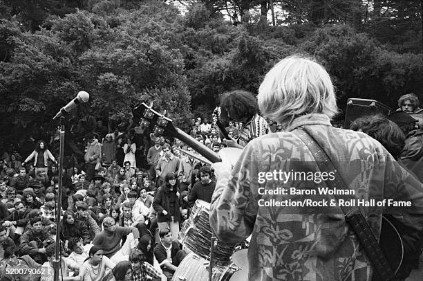 Band plays in front of the audience at the Human Be In Festival, Golden Gate Park, San Francisco, CA, on January 14, 1967.