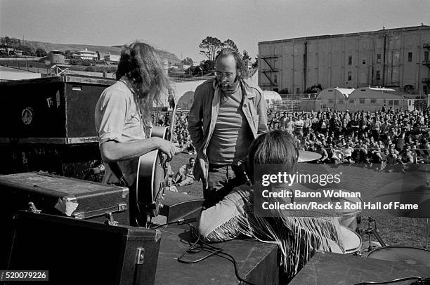 Group of musicians gather outside San Quentin prison during Bread & Roses' show, San Francisco, October 11, 1969.