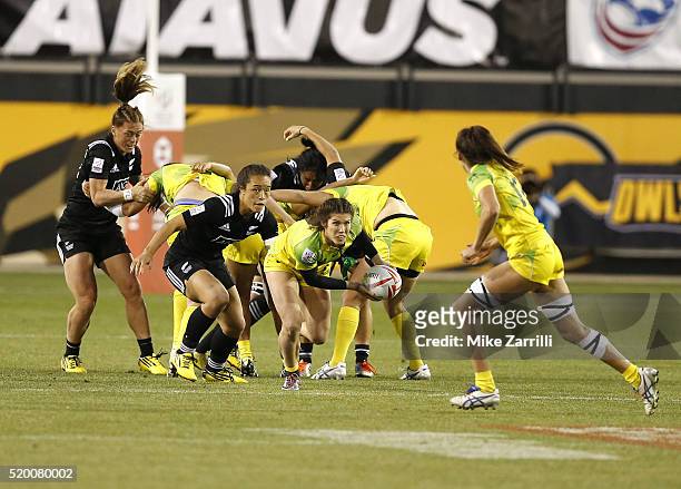 Charlotte Caslick of Australia comes out of the scrum with the ball during the Final match against New Zealand at Fifth Third Bank Stadium on April...