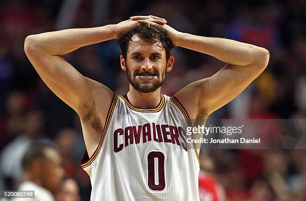 Kevin Love of the Cleveland Cavaliers reacts late in a game against the Chicago Bulls at the United Center on April 9, 2016 in Chicago, Illinois. The...