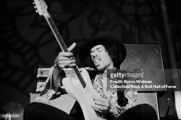 American guitarist and singer Jimi Hendrix performs at the Fillmore West in San Francisco, February 1968.