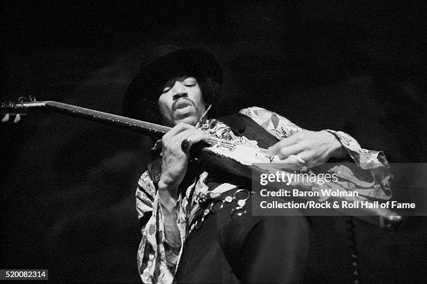 American guitarist and singer Jimi Hendrix performs at the Winterland Ballroom in San Francisco, 4th February 1968.