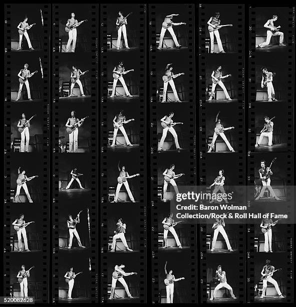 Contact sheet of guitarist and songwriter Pete Townshend of British rock group The Who performs at the Fillmore West, San Francisco, August 1968.