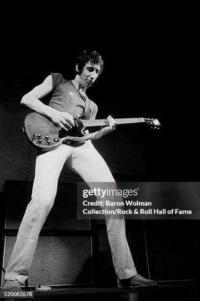 Guitarist and songwriter Pete Townshend of British rock group The Who performs at the Fillmore West, San Francisco, August 1968.