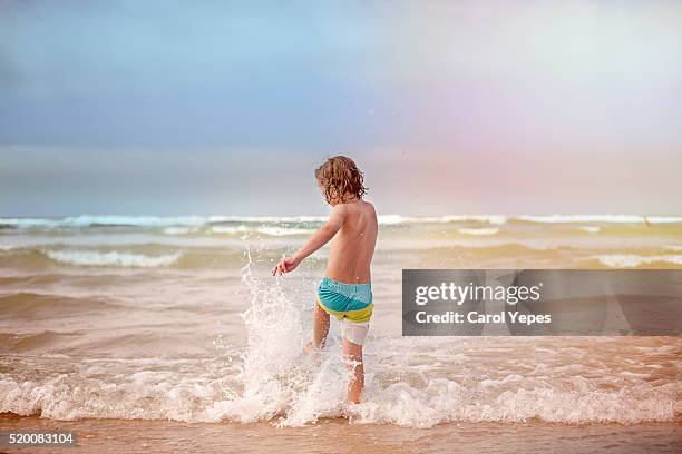 boy playing at the beach.rear view - digging beach photos et images de collection
