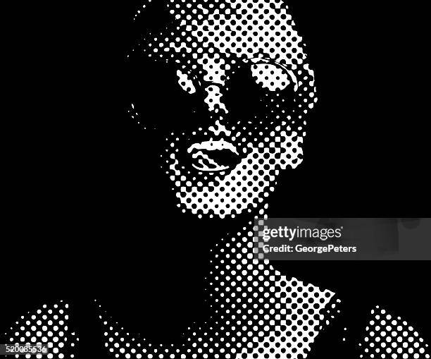 stockillustraties, clipart, cartoons en iconen met halftone dot pattern portrait of a vibrant, happy woman - portrait image