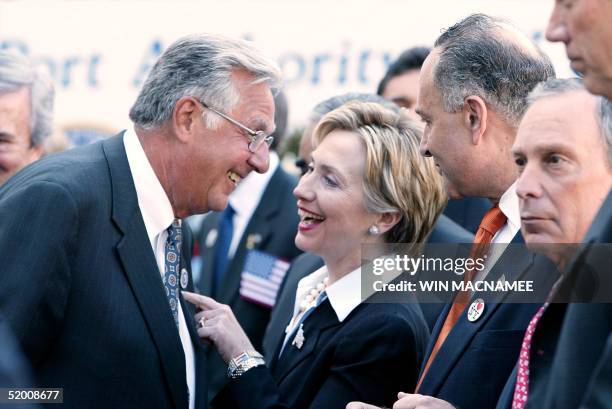 House Majority Leader Dick Armey , R-TX, laughs with US Senator Hillary Rodham Clinton , D-NY, as US Senator Charles Schumer , D-NY, New York City...