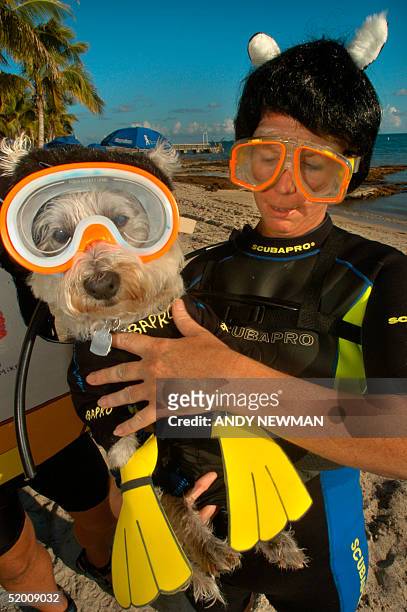 Peri Stone of Sugarloaf Key, Fl, gets her dog Woody ready for the Fantasy Fest Pet Masquerade Contest in Key West, 23 October, 2002. Stone and her...