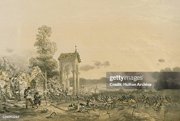 The French Algerian Tirailleurs and 70th Line infantry attack the Austrian positions holding the cemetery and church of Magenta at the Battle of...