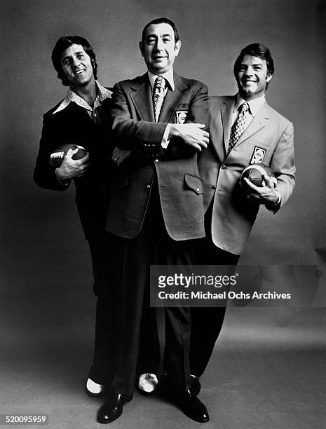 Monday Night Football commentators Don Meredith, Howard Cosell and Frank Gifford pose for a portrait in their ABC Sports jackets circa 1971.
