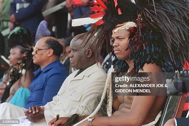 Swaziland new King Mswati III, who succeeded his father King Sobhuza II, who died in 1982 at the age of 82, watches the crowd during his coronation...