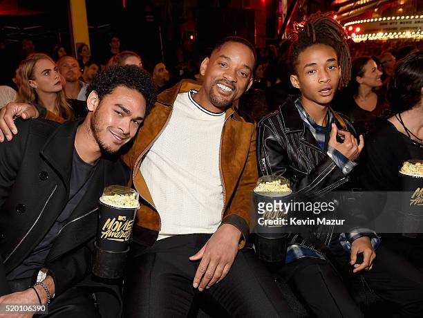 Trey Smith, honoree Will Smith and actor Jaden Smith attend the 2016 MTV Movie Awards at Warner Bros. Studios on April 9, 2016 in Burbank,...