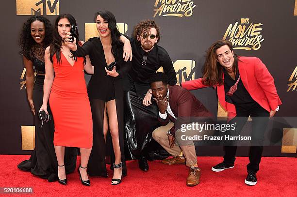 Personalities Sabrina Kennedy, Kailah Casillas, Chris Hall, CeeJai' Jenkins, Dean Bart-Plange, and Dione Mariani attend the 2016 MTV Movie Awards at...