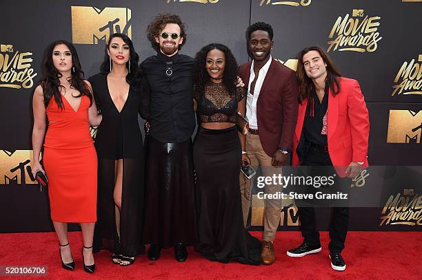 Personalities Sabrina Kennedy, Kailah Casillas, Chris Hall, CeeJai' Jenkins, Dean Bart-Plange, and Dione Mariani attend the 2016 MTV Movie Awards at...
