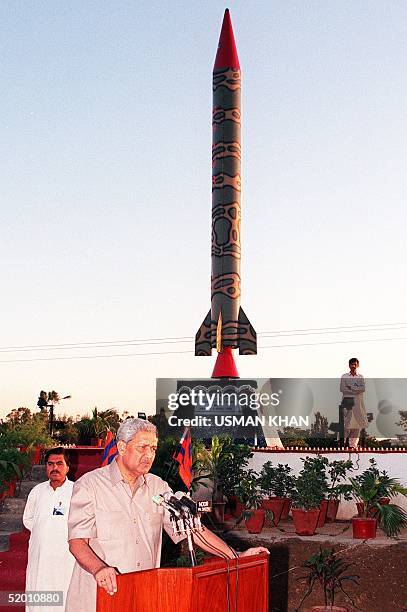 Pakistan's top scientist, Abdul Qadeer Khan, addresses a gathering after inaugurating the model of the country's surface-to-surface Ghauri-II...