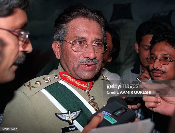Pakistani army chief General Pervez Musharraf talks to the media about the situation in the disputed Himalayan region of Kashmir at a passing out...