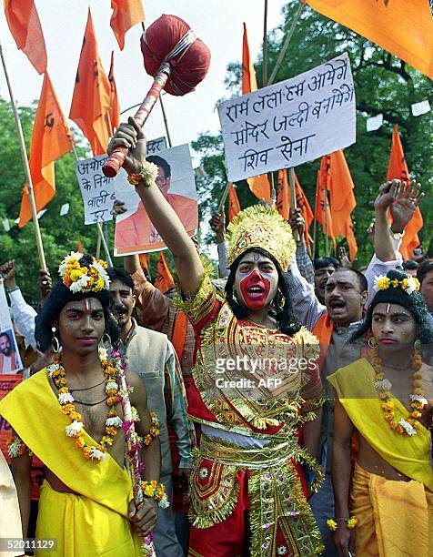 Activists of the Shiv Sena Party dressed as Lord Rama , Lakshman and Hanuman demand the right to build a Temple in place of the demolished Mosque in...