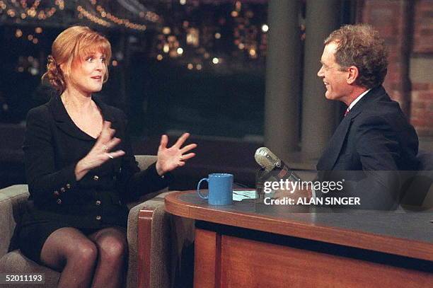 Sarah Ferguson, the Dutchess of York, gestures while appearing with David Letterman during the taping of "Late Show with David Letterman'' 18...