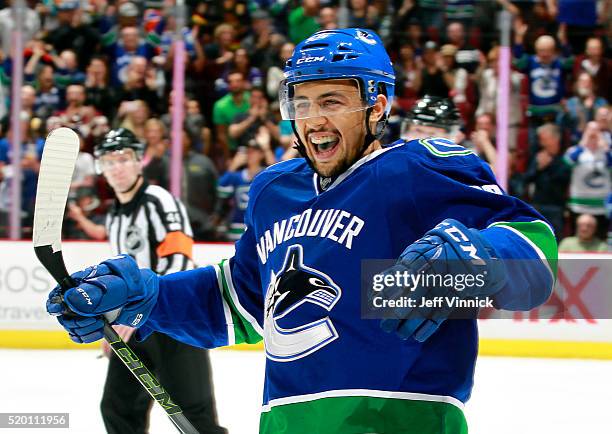 Emerson Etem of the Vancouver Canucks celebrates the shootout-winning goal against the Edmonton Oilers during their NHL game at Rogers Arena April 9,...