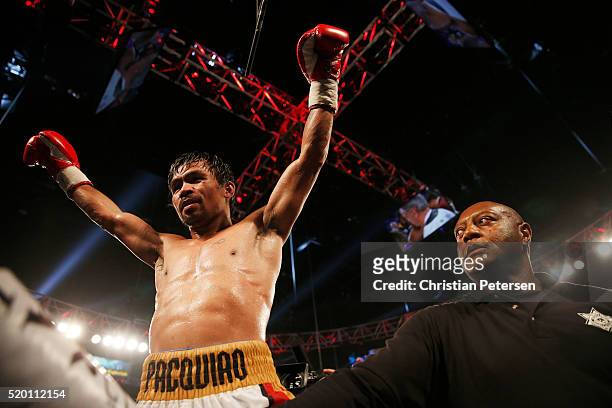 Manny Pacquiao celebrates after defeating Timothy Bradley Jr. By unanimous decision in their welterweight championship fight on April 9, 2016 at MGM...