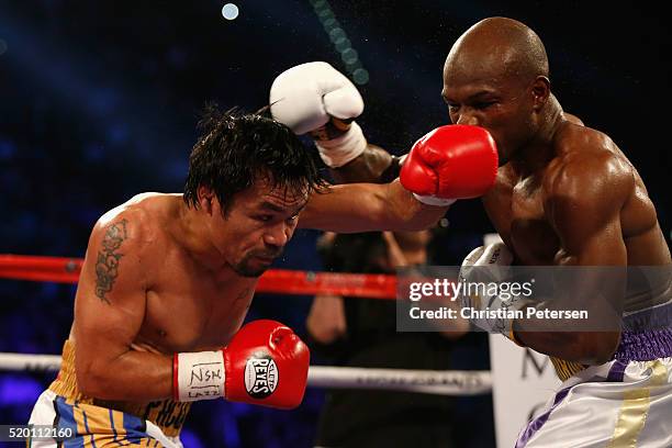 Manny Pacquiao throws a left at Timothy Bradley Jr. During their welterweight championship fight on April 9, 2016 at MGM Grand Garden Arena in Las...