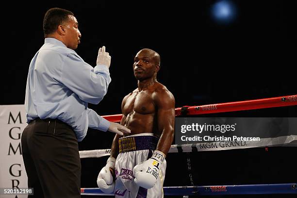 Referee Tony Weeks gives a count to Timothy Bradley Jr. After he was knocked down by Manny Pacquiao during their welterweight championship fight on...