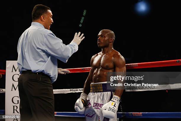 Referee Tony Weeks gives a count to Timothy Bradley Jr. After he was knocked down by Manny Pacquiao during their welterweight championship fight on...