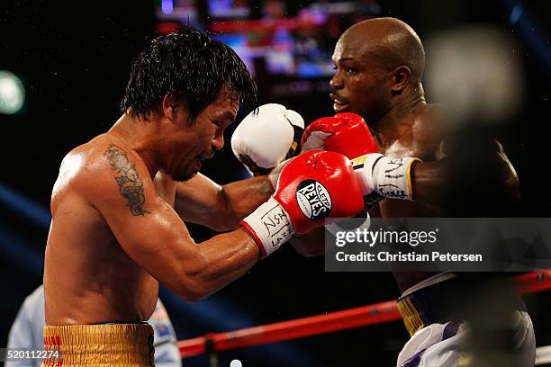 Manny Pacquiao and Timothy Bradley Jr. Battle during their welterweight championship fight on April 9, 2016 at MGM Grand Garden Arena in Las Vegas,...