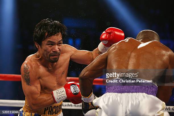 Manny Pacquiao throws a left at Timothy Bradley Jr. During their welterweight championship fight on April 9, 2016 at MGM Grand Garden Arena in Las...