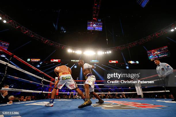 Manny Pacquiao and Timothy Bradley Jr. Battle during their welterweight championship fight on April 9, 2016 at MGM Grand Garden Arena in Las Vegas,...