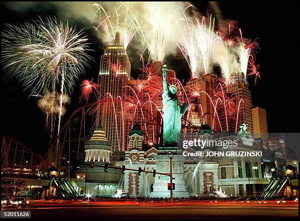The $460 million dollar, New York, New York Hotel and Casino celebrates its grand opening in Las Vegas, Nevada, with a fireworks display shot from 12...