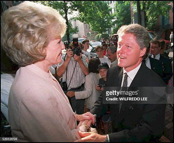 The Democratic presidential candidate Bill Clinton greets Pamela Harriman after a fund-raiser on the steps of her Georgetown home in August 1992....