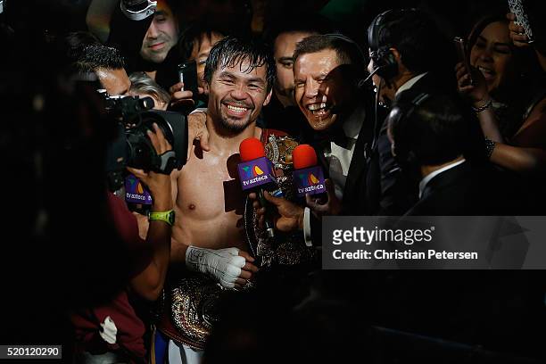 Manny Pacquiao is interviewed after defeating Timothy Bradley Jr. By unanimous decision in their welterweight championship fight on April 9, 2016 at...