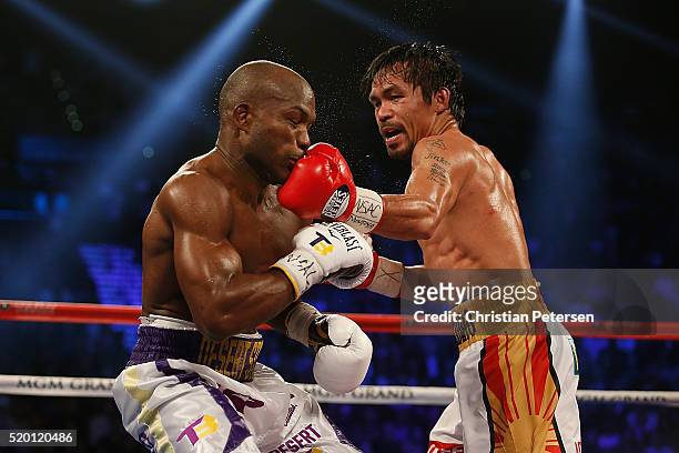 Manny Pacquiao lands a left to the chin of Timothy Bradley Jr. During their welterweight championship fight on April 9, 2016 at MGM Grand Garden...