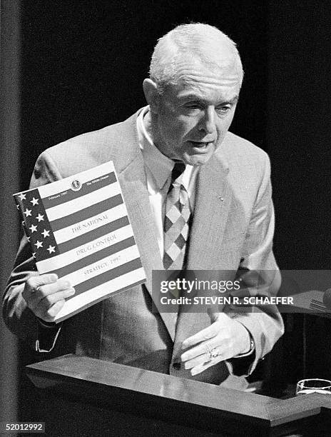 General Barry McCaffrey of the White House office for National Drug Control policy, also known as the "Drug Czar," displays a copy of his agency's...