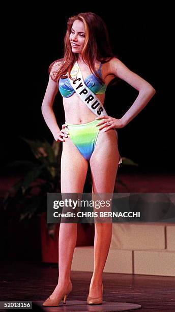 Miss Cyprus Korina Nikolaou models her swimsuit during rehearsals for the Miss Universe pageant 11 May at the Miami Beach Convention Center, Florida....
