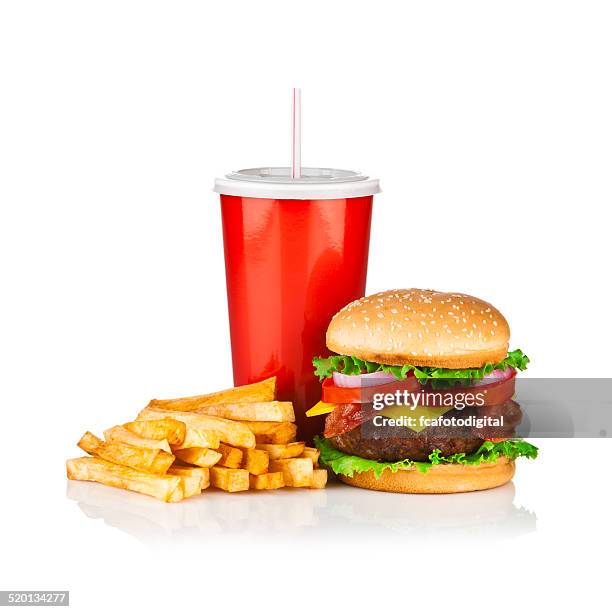 take out food, classic cheeseburger meal isolated on white - dr pepper stockfoto's en -beelden