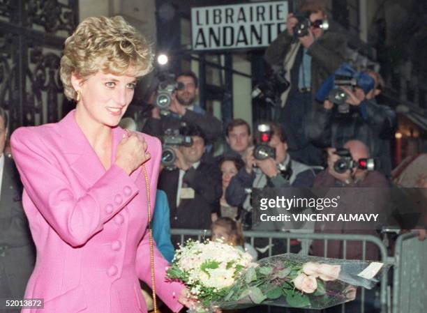 Picture dated 14 November 1992 of Princess Diana leaving the first anti-AIDS bookshop in Paris. Diana, Princess of Wales died in hospital early 31...